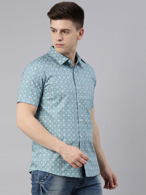 Blue Printed Short Sleeves Shirt