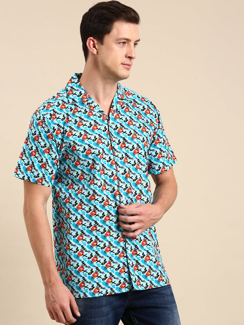 Blue Printed Short Sleeves Shirt