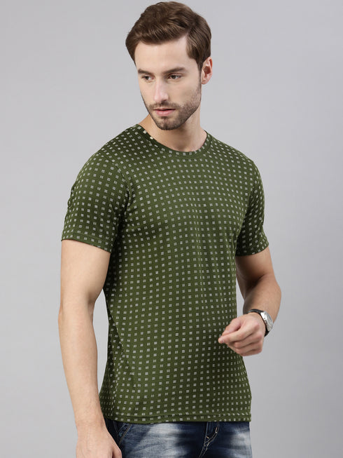Olive Green Printed Crew Neck Tshirt