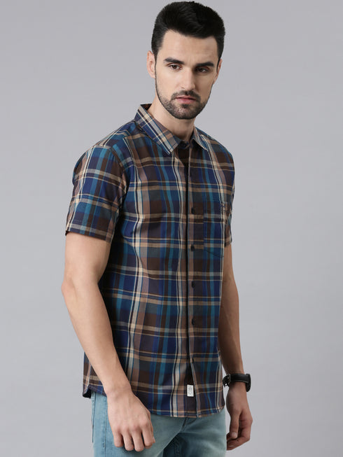 Olive Green Checks Short Sleeves Shirt