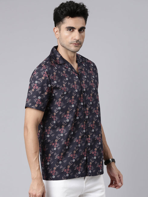 Navy Blue Printed Short Sleeves Shirt