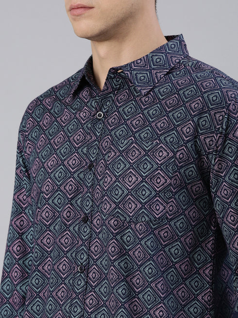 Navy Blue Printed Full Sleeves Shirt