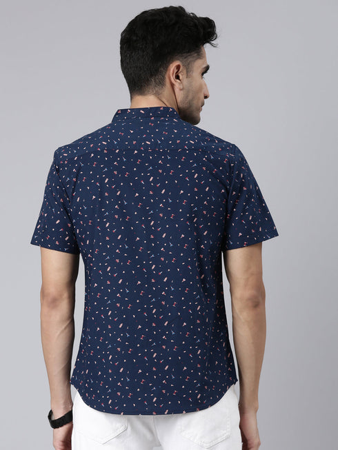 Navy Blue Printed Short Sleeves Shirt