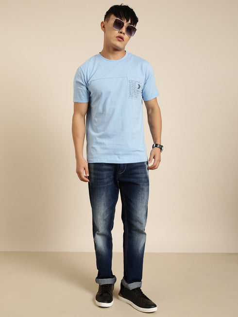 Blue Solid Oversized Crew Neck T-shirt