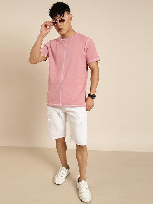 Pink Solid Oversized Crew Neck T-shirt