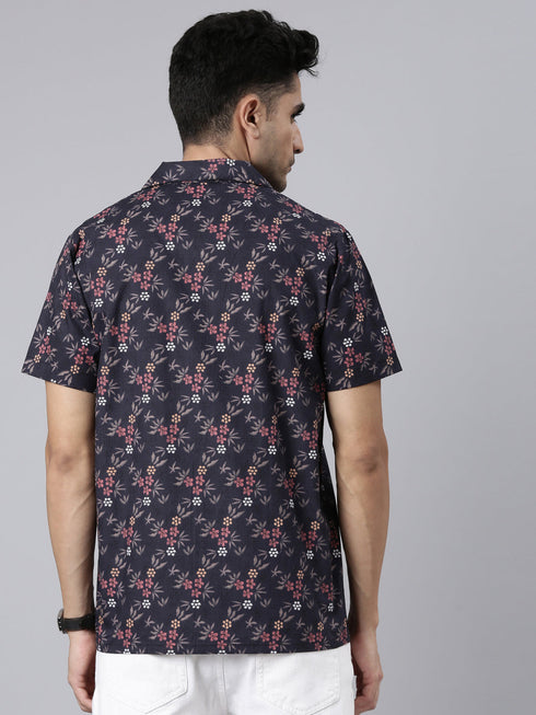 Navy Blue Printed Short Sleeves Shirt