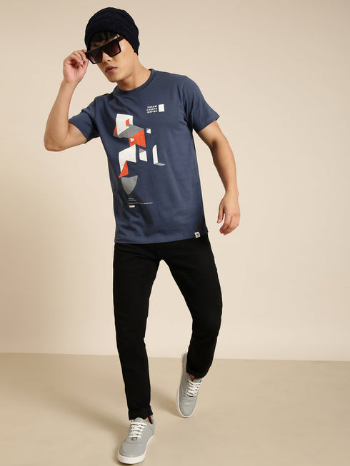 Navy Blue Printed Crew Neck Tshirt