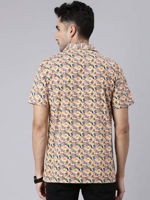 Beige Printed Short Sleeves Shirt