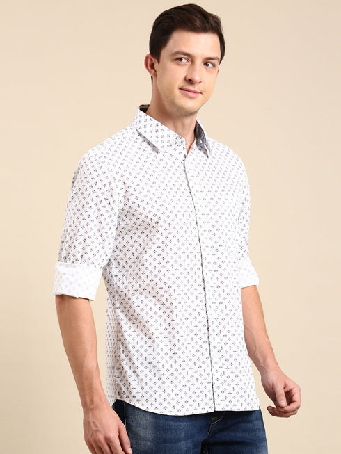 White Printed Full Sleeves Shirt