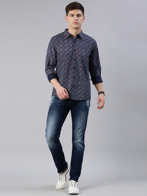 Navy Blue Printed Full Sleeves Shirt