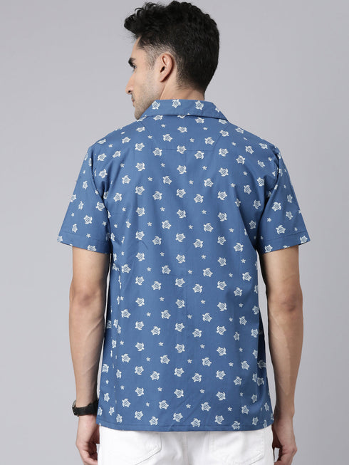 Blue Printed Short Sleeves Shirt