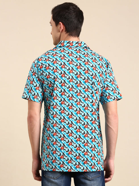 Blue Printed Short Sleeves Shirt