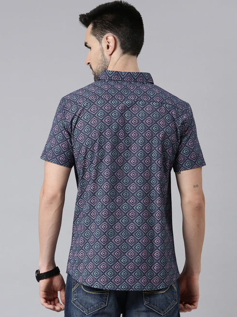 Joven Mens Slim Fit Printed Casual Shirt in Navy Blue