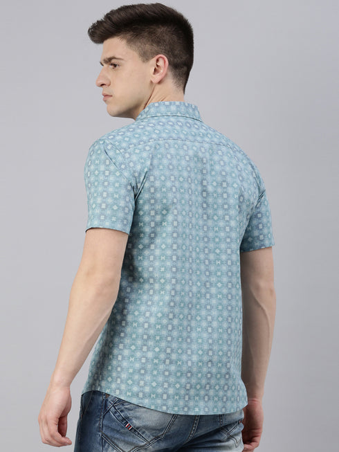 Blue Printed Short Sleeves Shirt