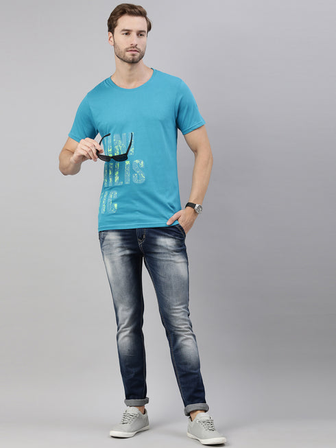 Blue Printed Crew Neck Tshirt
