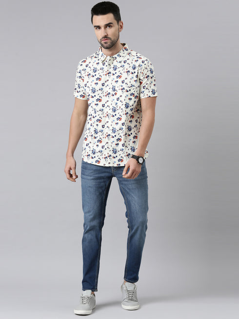 Joven Mens Slim Fit Printed Casual Shirt in Ivory Color