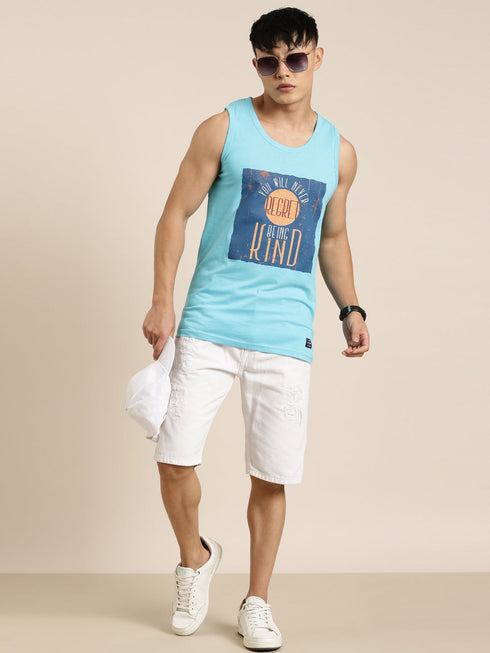 Sky Blue Printed Crew Neck Tank Top