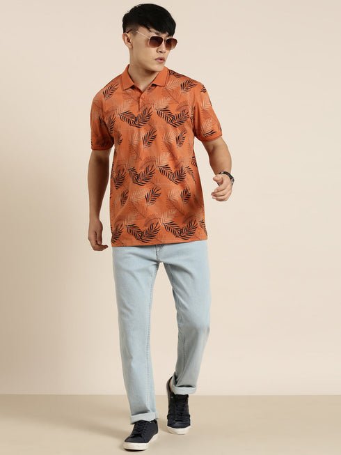 Orange Printed Polo T-shirt