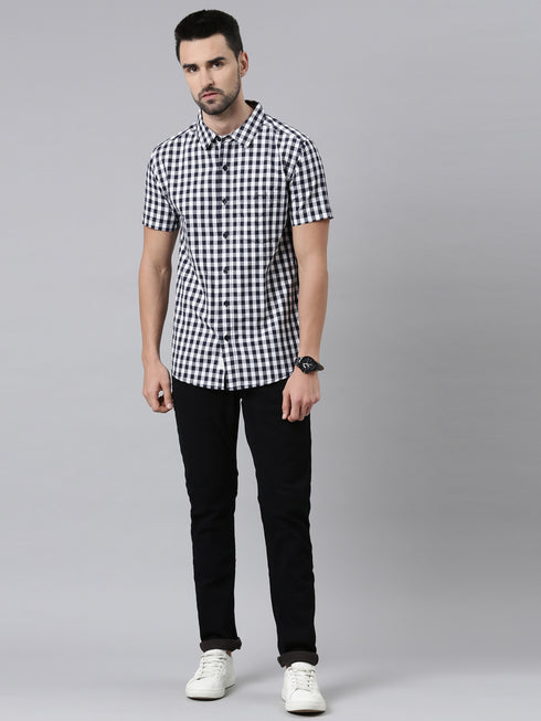 Navy Blue Checks Short Sleeves Shirt