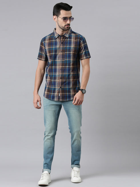 Olive Green Checks Short Sleeves Shirt