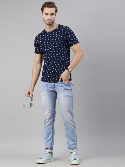 Navy Blue Printed Crew Neck Tshirt