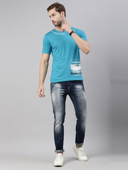 Blue Printed Crew Neck Tshirt