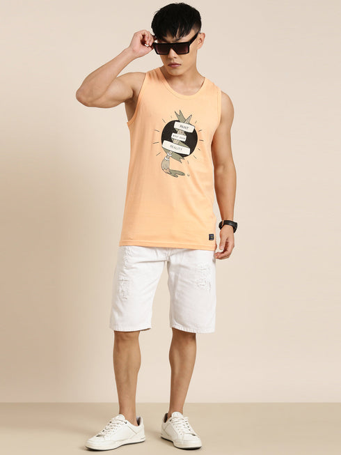 Orange Printed Crew Neck Tank Top