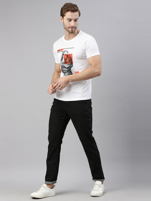 White Printed Crew Neck Tshirt