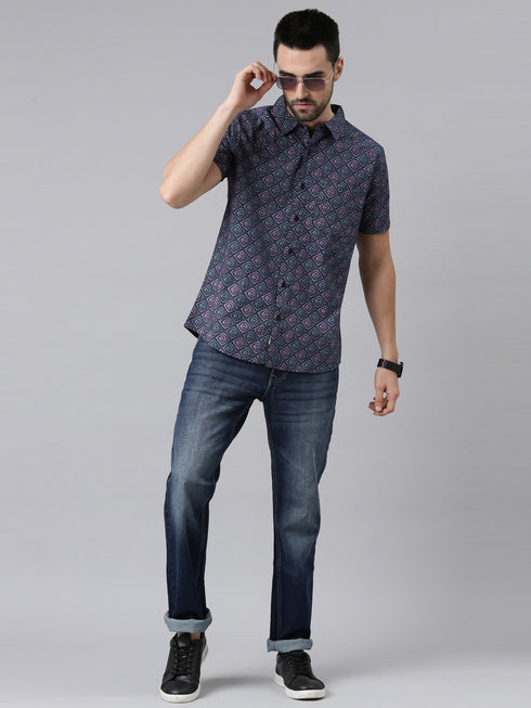 Joven Mens Slim Fit Printed Casual Shirt in Navy Blue
