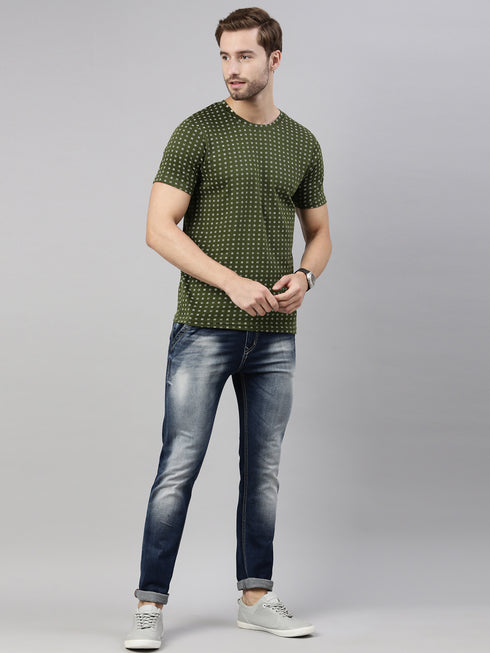 Olive Green Printed Crew Neck Tshirt