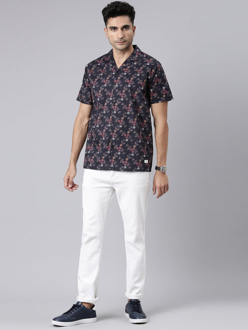 Navy Blue Printed Short Sleeves Shirt
