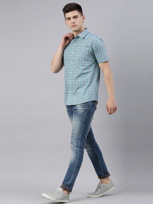 Blue Printed Short Sleeves Shirt