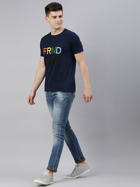 Navy Blue Printed Crew Neck Tshirt