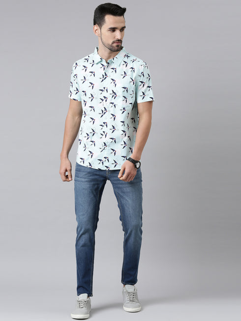 Joven Mens Slim Fit Printed Casual Shirt in Sky Blue Color