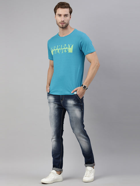 Blue Printed Crew Neck Tshirt
