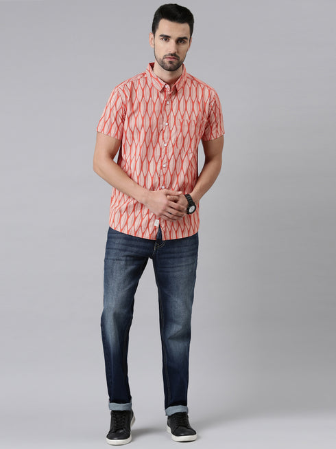Joven Mens Slim Fit Printed Casual Shirt in Rust Orange