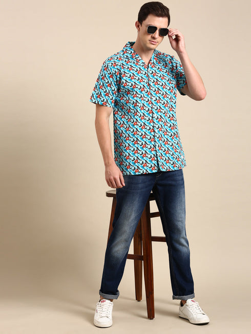 Blue Printed Short Sleeves Shirt