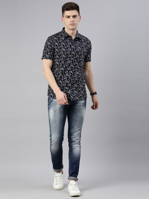 Navy Blue Printed Short Sleeves Shirt
