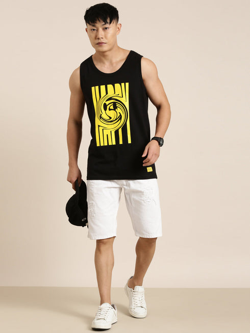 Black Printed Crew Neck Tank Top
