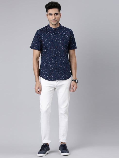 Navy Blue Printed Short Sleeves Shirt