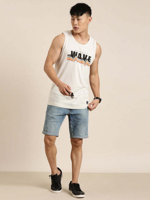 White Printed Crew Neck Tank Top