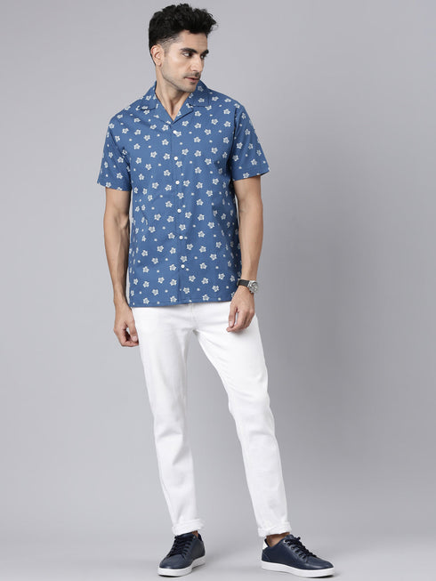 Blue Printed Short Sleeves Shirt