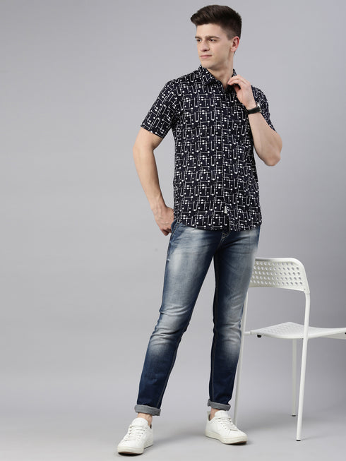 Navy Blue Printed Short Sleeves Shirt