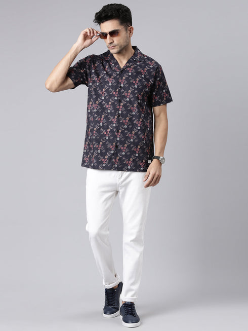 Navy Blue Printed Short Sleeves Shirt