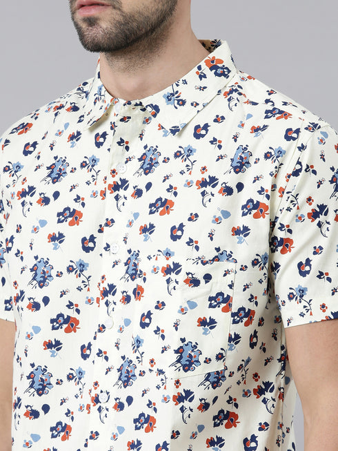 Joven Mens Slim Fit Printed Casual Shirt in Ivory Color