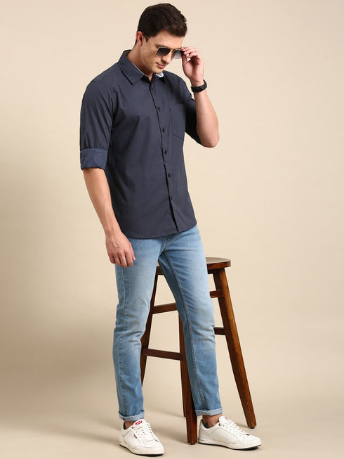 Navy Blue Printed Full Sleeves Shirt