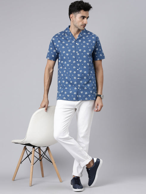 Blue Printed Short Sleeves Shirt