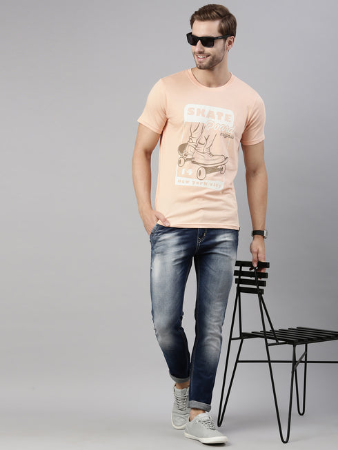 Peach Printed Crew Neck Tshirt