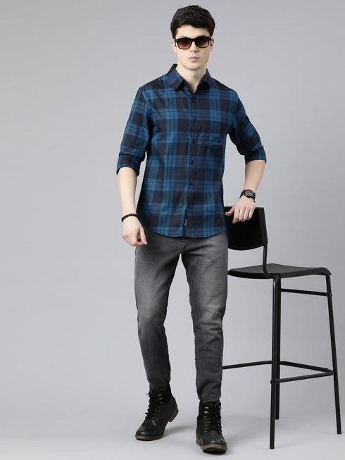 Navy Blue Checks Full Sleeves Shirt