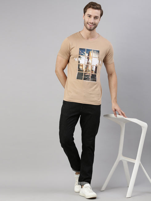 Brown Printed Crew Neck Tshirt